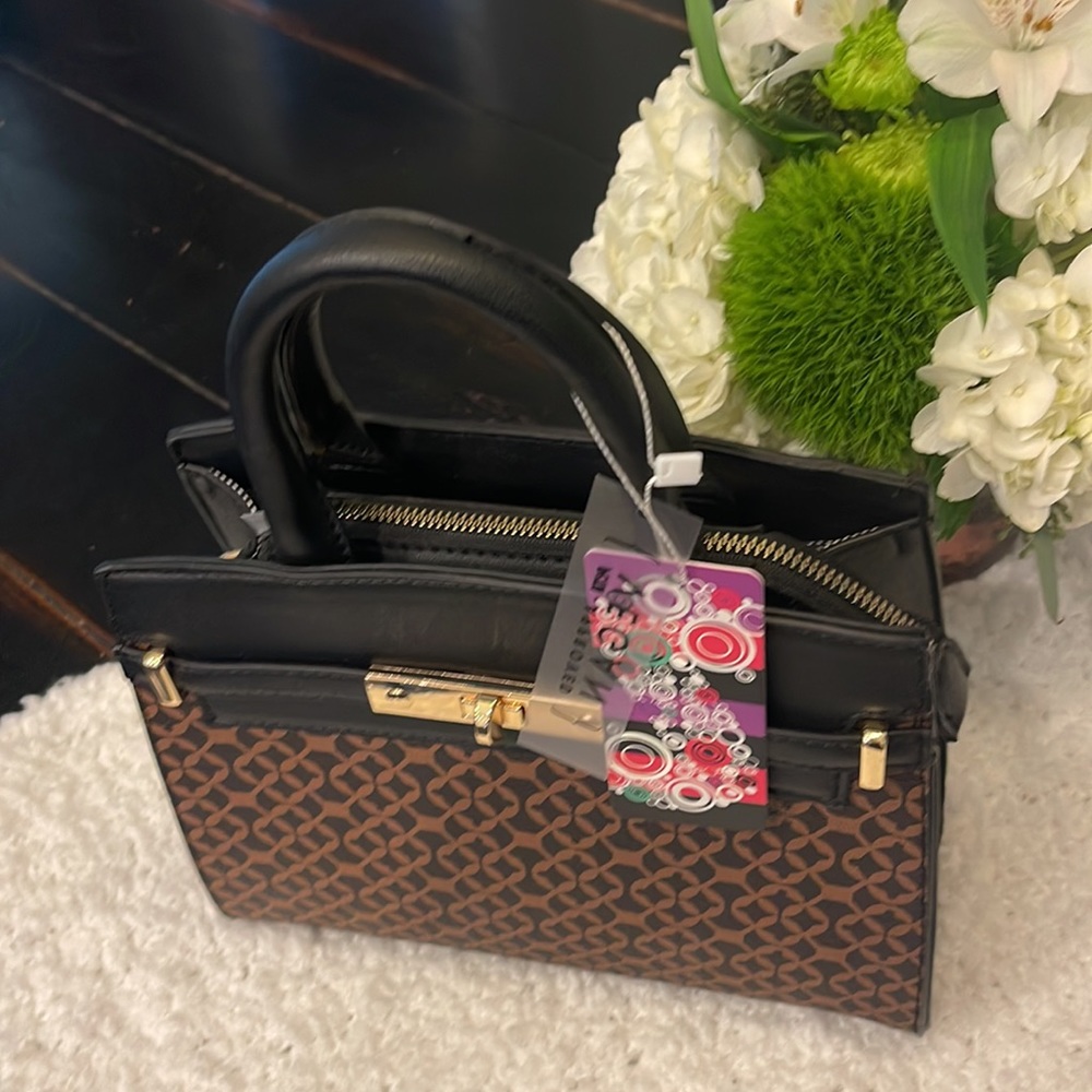 Gift Ready Vegan Brown Black Handbag Purse with Gold and Silver Accents
